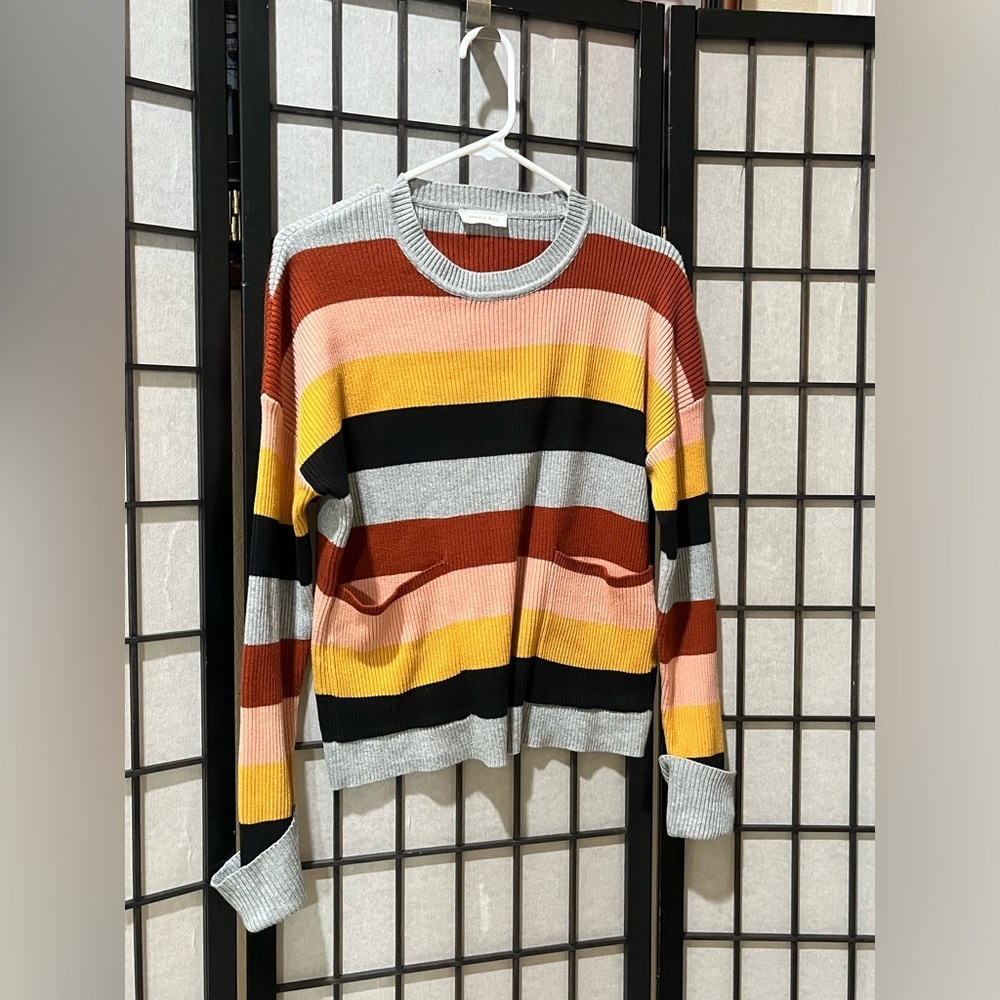 Sophie Rue PATCH POCKET STRIPE Ribbed Colorblock Sweater - Gray & Rust SIZE S